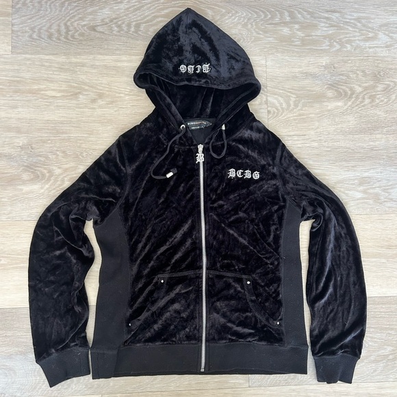 BCBG Velvet Zip-Up Hoodie Black Gothic Crown Y2K Size S - Picture 3 of 7
